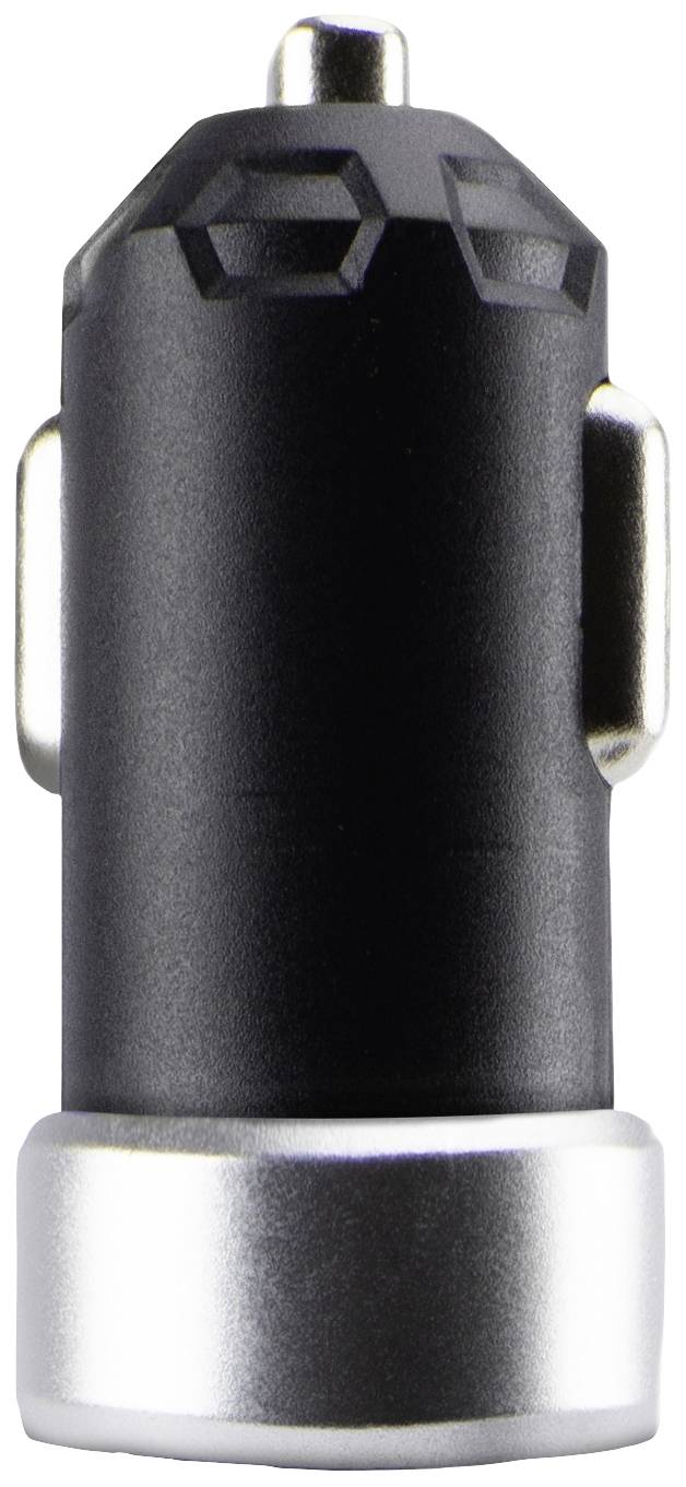 Ein schwarzes Ladegerät für den Zigarettenanzünder eines Autos, mit silbernen Elementen.