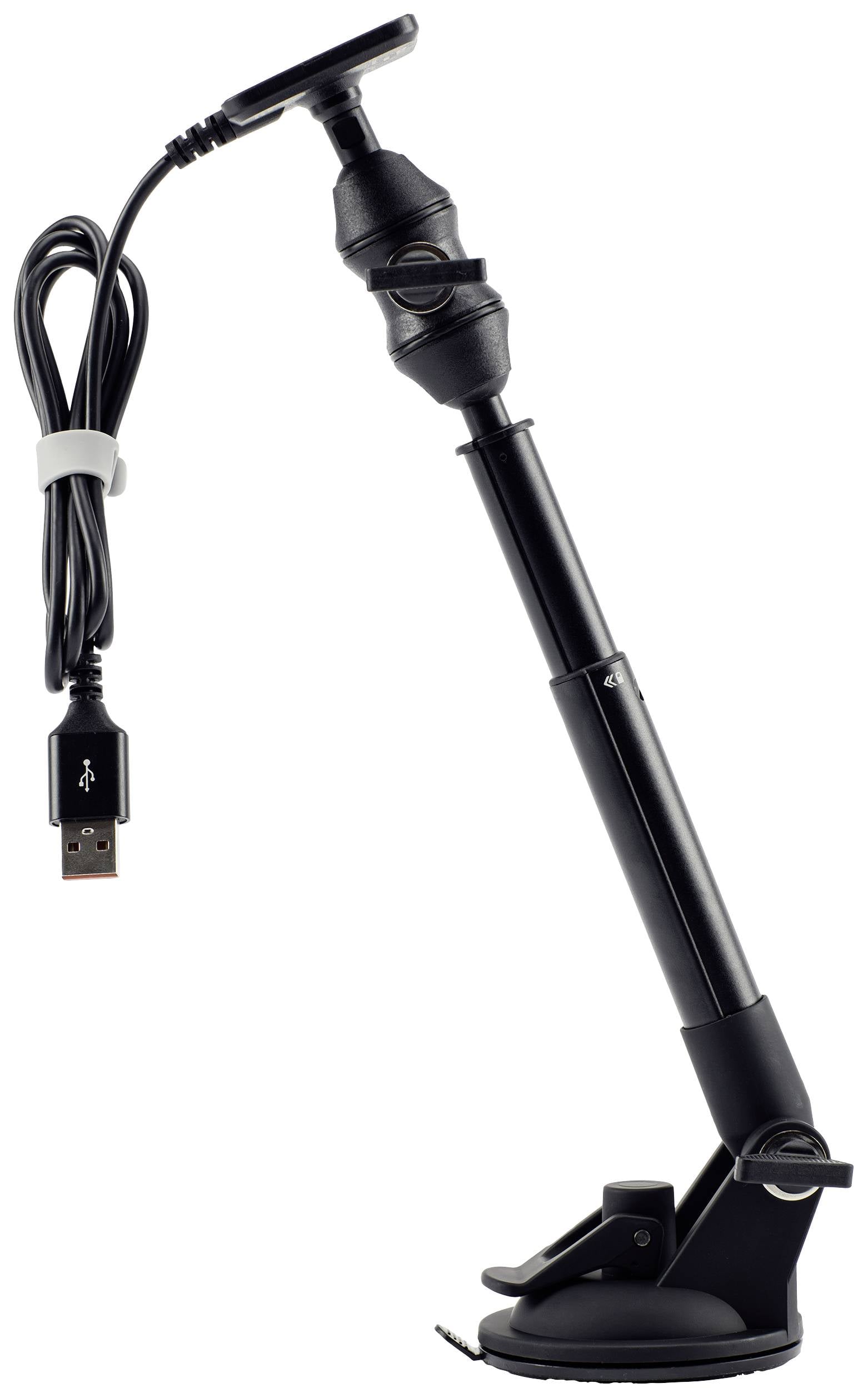 Ein schwarzes USB-Mikrofon mit Ständer und verstellbarem Arm. Ideal zum Aufnehmen von Ton am Computer.