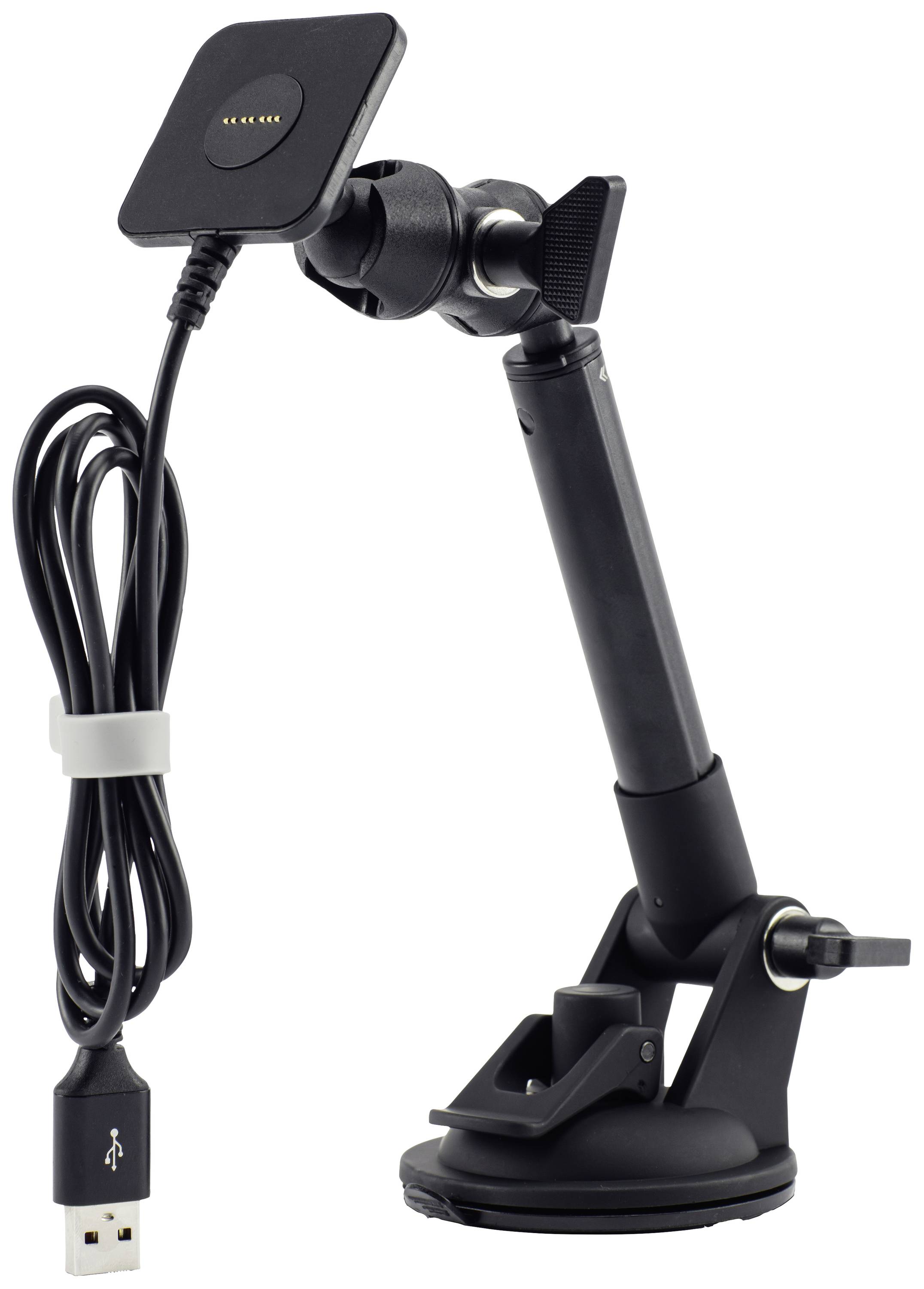 Schwarze Handyhalterung mit integriertem USB-Kabel und Saugnapf zum einfachen Befestigen auf glatten Oberflächen.