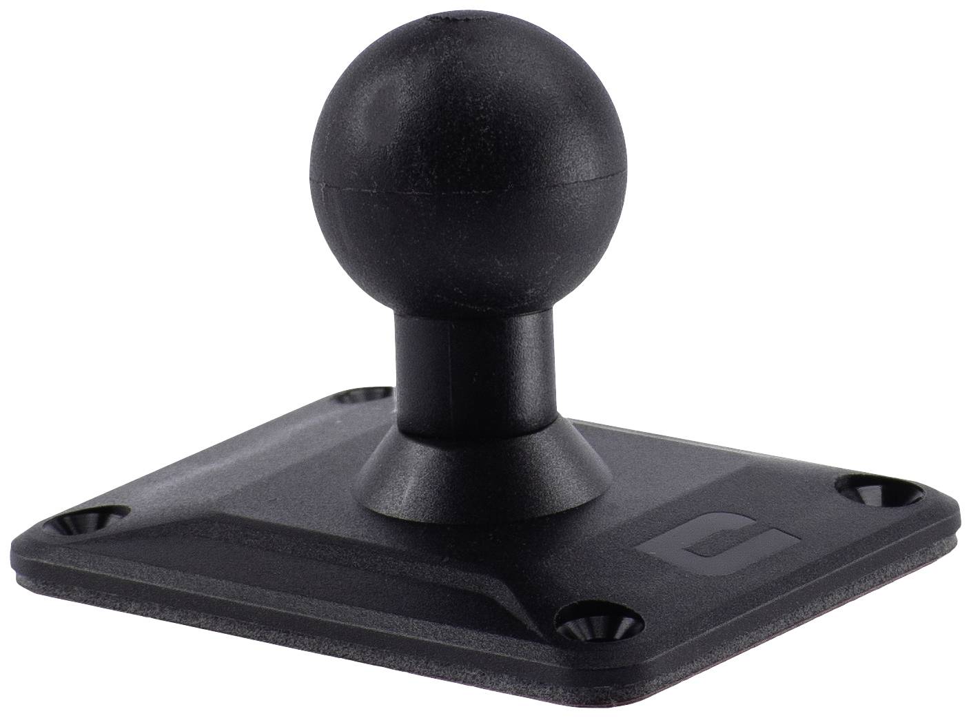 Eine schwarze Kugelkopfhalterung auf einer quadratischen Basis mit vier Schraubenlöchern, verwendet für die Befestigung von Geräten.