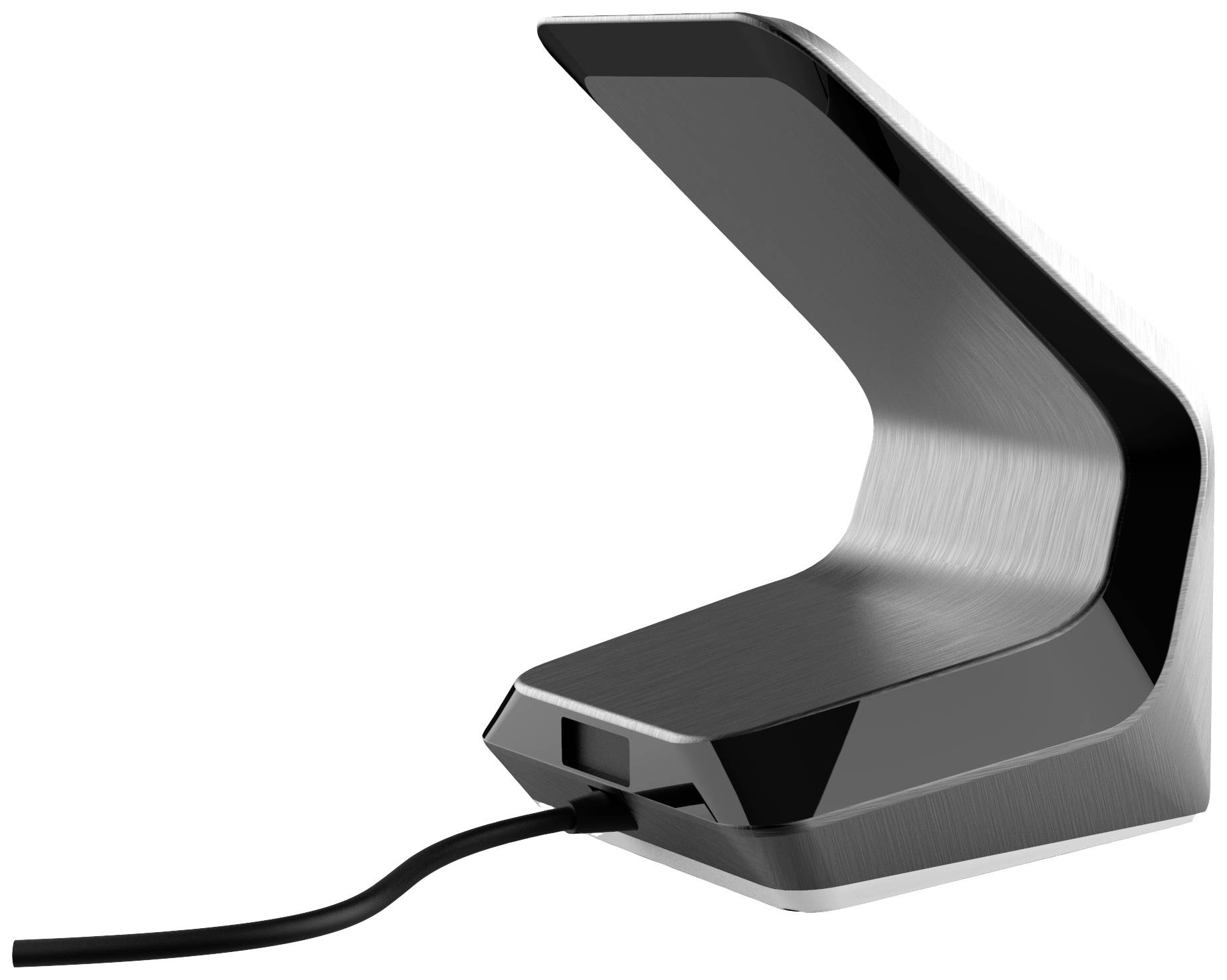 Ein L-förmiger schwarzer und silberner Smartphone-Ständer mit angeschlossenem Ladekabel. Entworfen für das Aufladen und Halten eines Telefons.