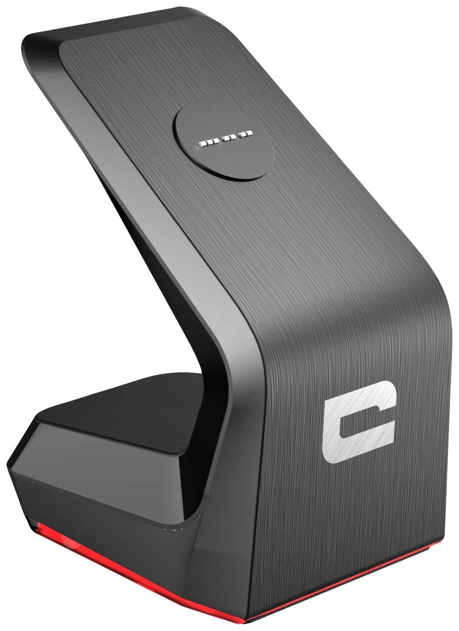 Schwarzes, futuristisches, gebogenes Ladegerät mit rotem Sockel und leuchtenden LED-Anzeigen auf der Oberseite.