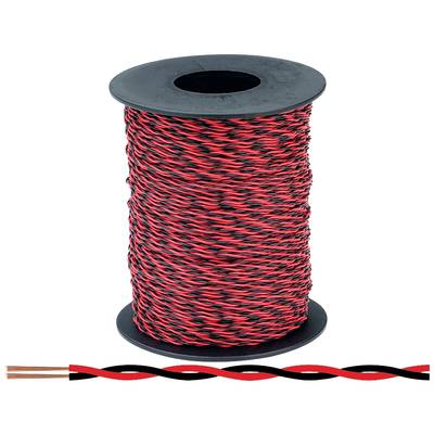 Rolle mit rot-schwarzem, verdrilltem Kabel und freiliegendem Kupferende unten.