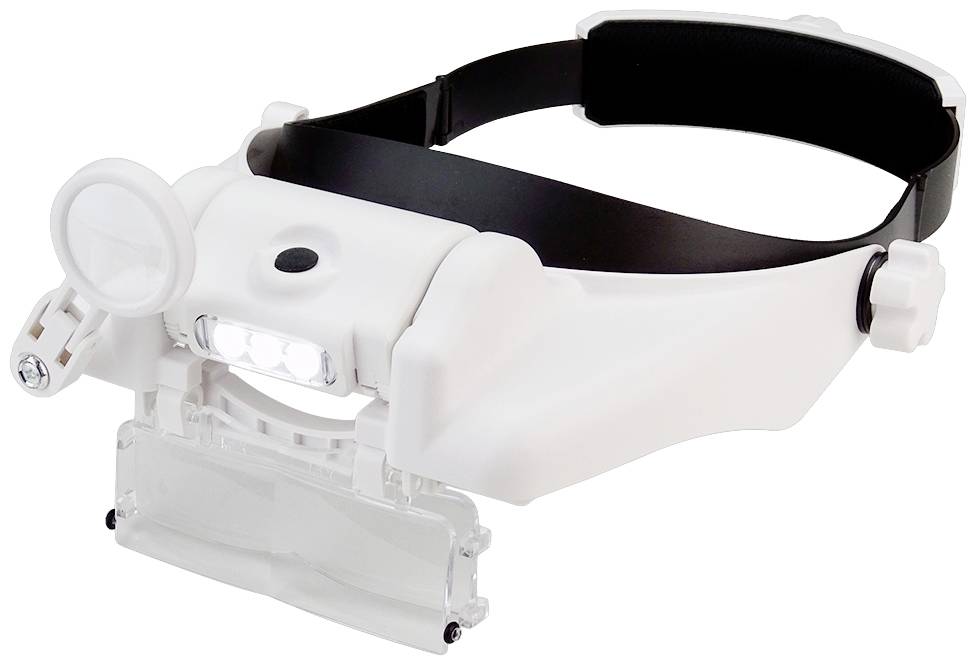 Vergrößerungsbrille mit LED-Licht, verstellbarem Kopfband und verschiedene Linsenstärken, geeignet für Detailarbeiten und Präzisionsaufgaben.