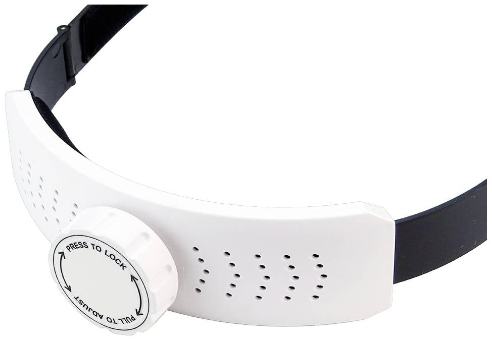 Ein weißer Plastikverschluss mit Drehmechanismus auf einem schwarzen Band, perforiert für Belüftung, mit Aufdruck 'PRESS TO LOCK'.