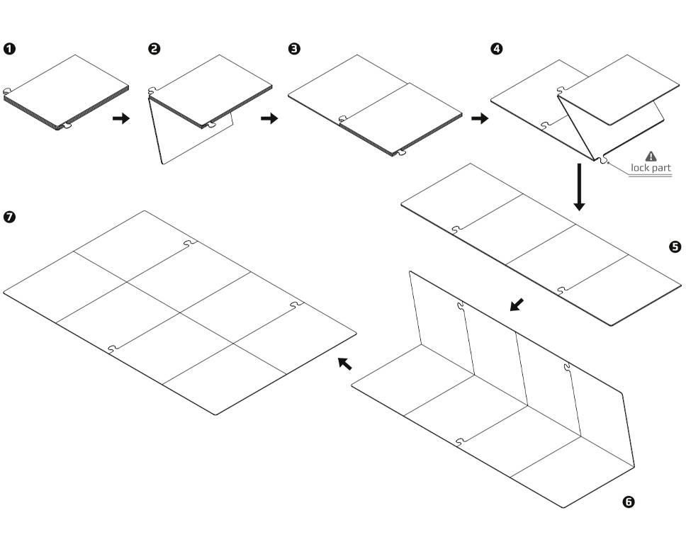 Faltanleitung für einen faltbaren Behälter in sechs Schritten, beginnend mit dem Anheben und Zusammenfügen von Teilen, bis zur Arretierung.