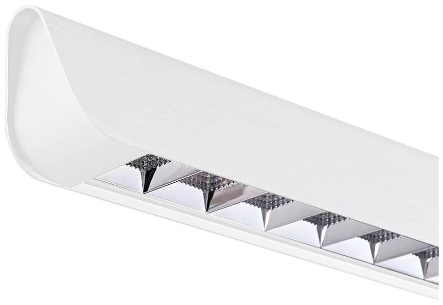 Ein weißer LED-Deckenbalken mit dreieckigen Reflektoren, ideal für Bürobeleuchtung, bietet gleichmäßiges und blendfreies Licht.