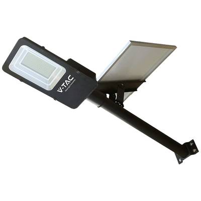 Solarbetriebene Straßenlaterne mit Solarpanel und LED-Leuchte, montiert auf einer Metallstange, für umweltfreundliche Beleuchtung.