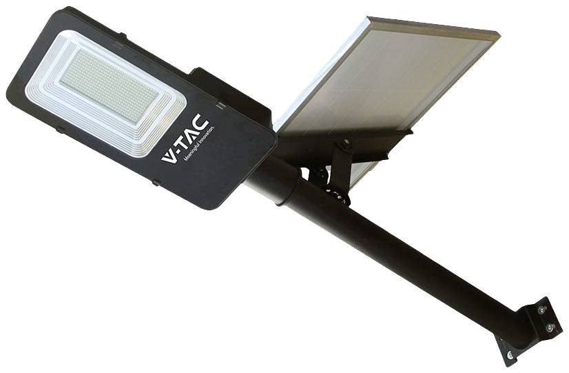 Solarlampe mit rechteckigem Solarpanel und LED-Lampe, montiert an einem schwarzen Metallarm. Geeignet für Außenbeleuchtung.