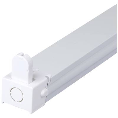 Ein weißes, rechteckiges Lichtarmatur-Gehäuse, geeignet zur Befestigung von LED-Leuchten, mit einem Steckanschluss an einem Ende.