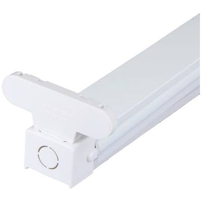 Weiße LED-Lichtleiste mit rechteckigem Querschnitt und Steckvorrichtung an einem Ende, vor neutralem Hintergrund platziert.