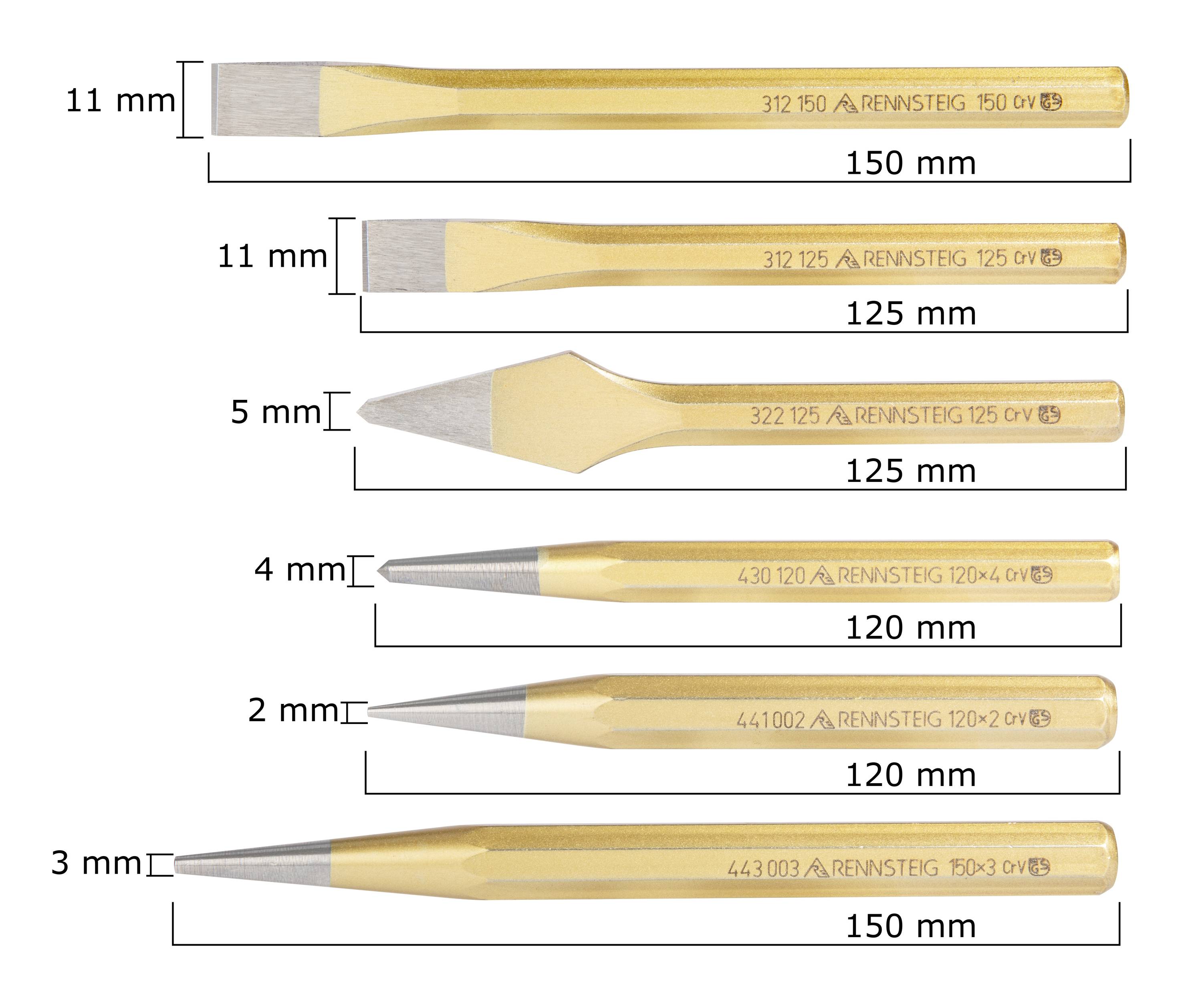 Sechs goldene Meißel mit unterschiedlichen Spitzen und Längen von 125 bis 150 mm. Die Breiten der Spitzen variieren zwischen 3 und 11 mm.