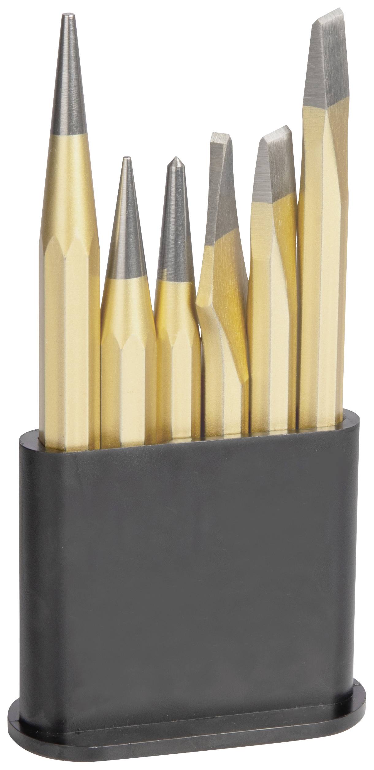 Ein Set aus sechs goldfarbenen, sechseckigen Hohlmeißeln in einem schwarzen Ständer, die in Größe und Form variieren.