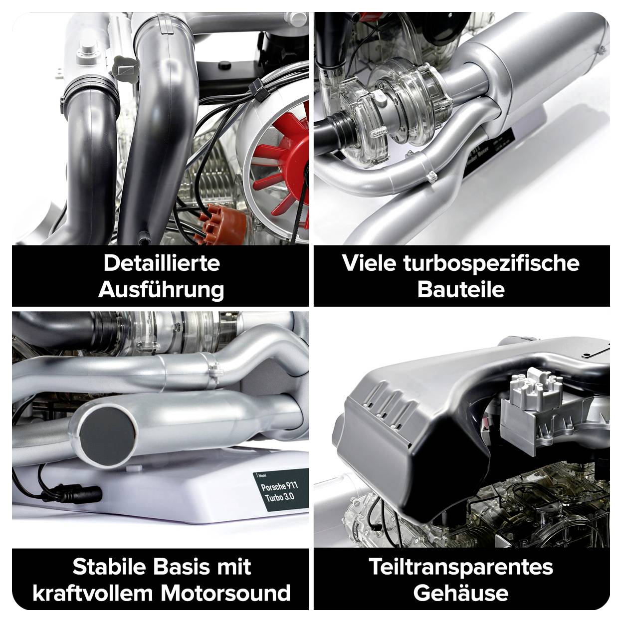 'Detailierte Ausführung', 'Viele turbospezifische Bauteile'; 'Stabile Basis mit kraftvollem Motorsound', 'Teiltransparentes Gehäuse'.