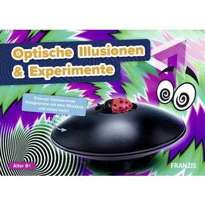 'Optische Illusionen & Experimente' Buchcover; zeigt Hologrammgerät mit Marienkäfer. Text: 'Erzeuge faszinierende Hologramme mit dem Miraskop und vieles mehr!' Ab 8+ Jahre.