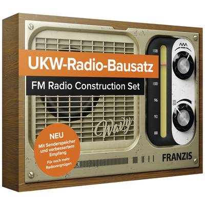 'UKW-Radio-Bausatz' auf der Verpackung eines FM-Radiobausatzes. Retro-Design mit Skalenanzeige und Drehknopf. Marke: 'FRANZIS'.