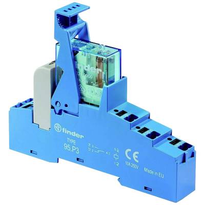 Ein blaues Relais des Typs Finder 95.P3 mit transparentem Gehäuse, zeigt die elektrische Spezifikationen und "Made in EU".