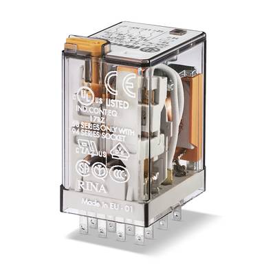 Ein transparenter elektronischer Steckrelais, markiert mit verschiedenen Zertifizierungen und technischen Spezifikationen auf der Außenseite.