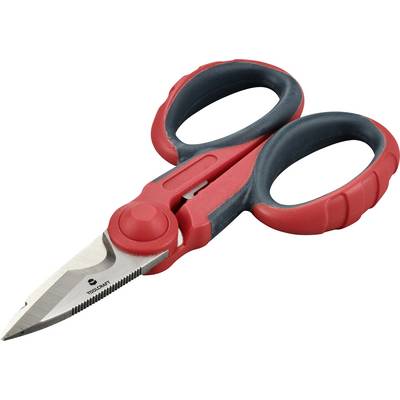 Rote und schwarze Mehrzweckschere mit robusten Klingen. Ideal zum Schneiden von verschiedenen Materialien in Haushalt oder Werkstatt.