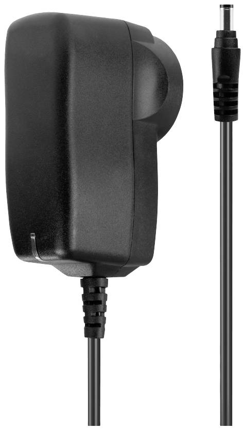 Schwarzes Netzteil mit Kabel und Stecker, geeignet für elektronische Geräte, bietet Stromversorgung durch Anschluss an eine Steckdose.