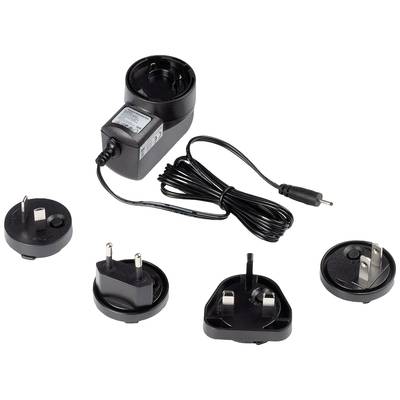 Ein schwarzes Netzteil mit abnehmbarem Kabel und vier internationalen Steckdosenaufsätzen für unterschiedliche Länder.