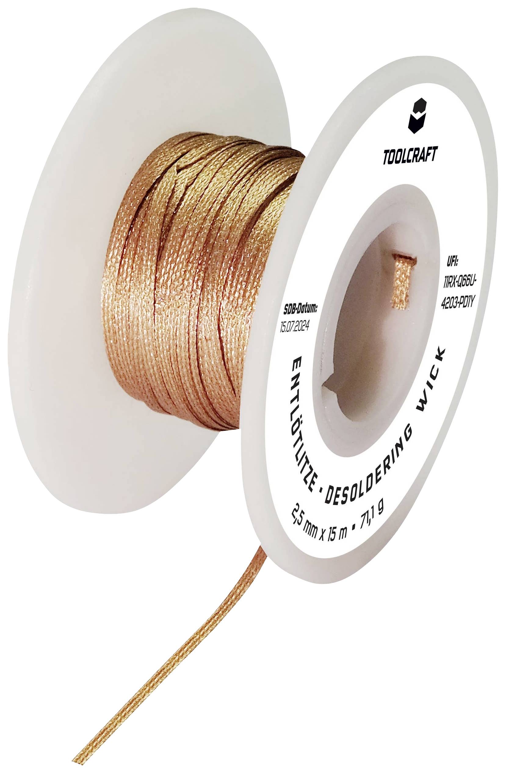 Entlötlitze aus Kupfer, auf Rolle gewickelt, mit der Bezeichnung 'Entlötlitze, Desoldering Wick, 2,5 mm x 1,5 m, 7.1 g' von Toolcraft.