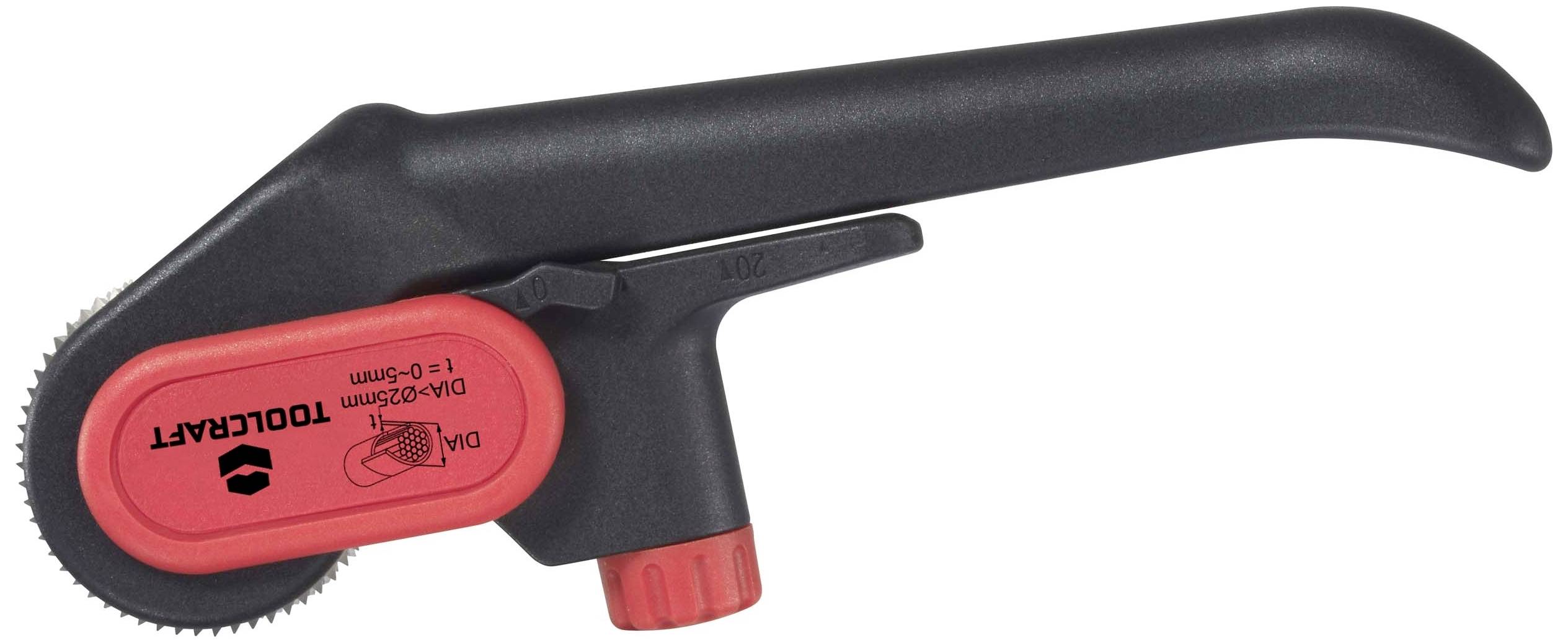 Ein schwarzer ergonomischer Griff mit rotem Einstellknopf und Maßskala von 0 bis 10 mm, geeignet für Präzisionsbearbeitungen.