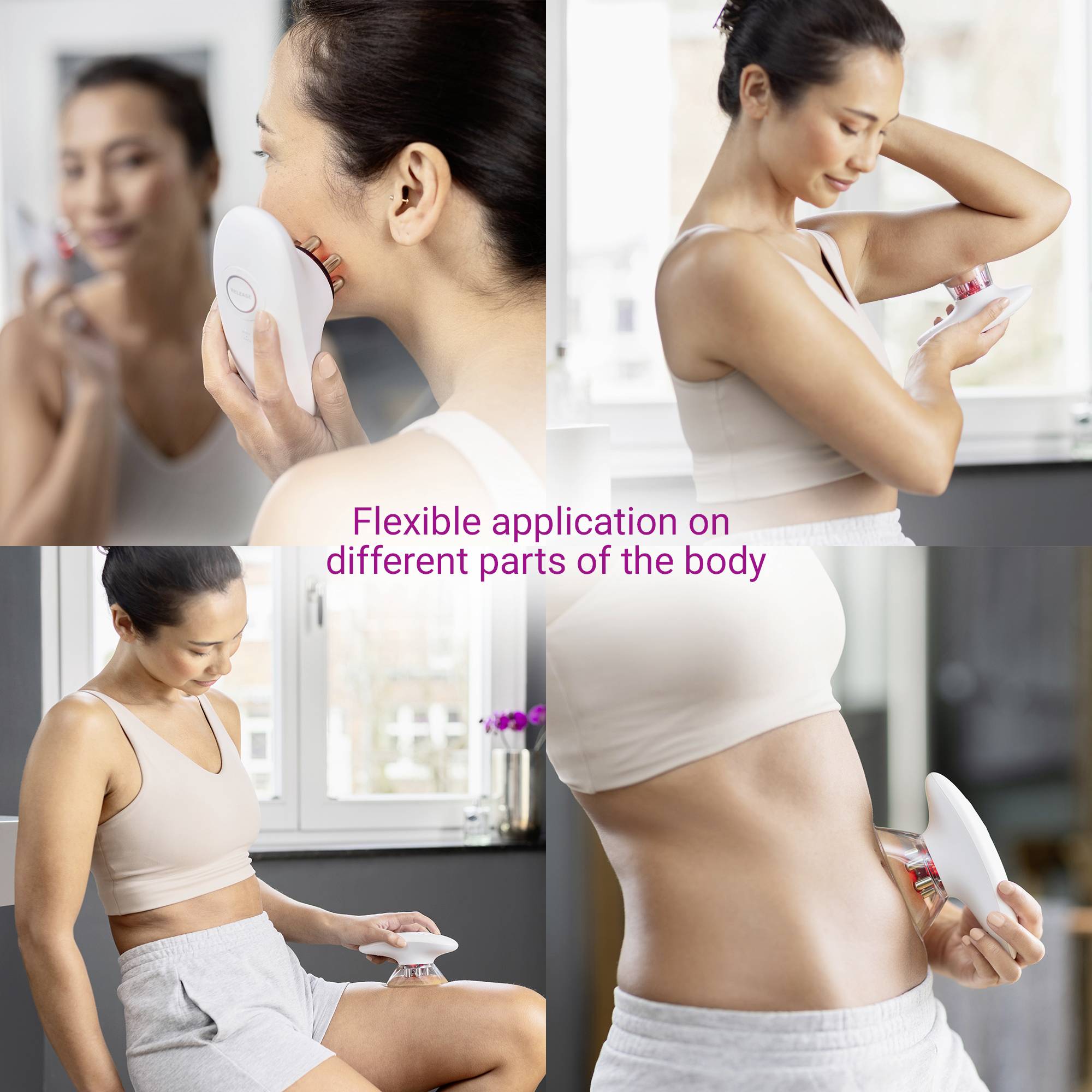 Eine Frau verwendet ein Handpflegegerät auf Gesicht und Bauch. Text im Bild: 'Flexible application on different parts of the body'.