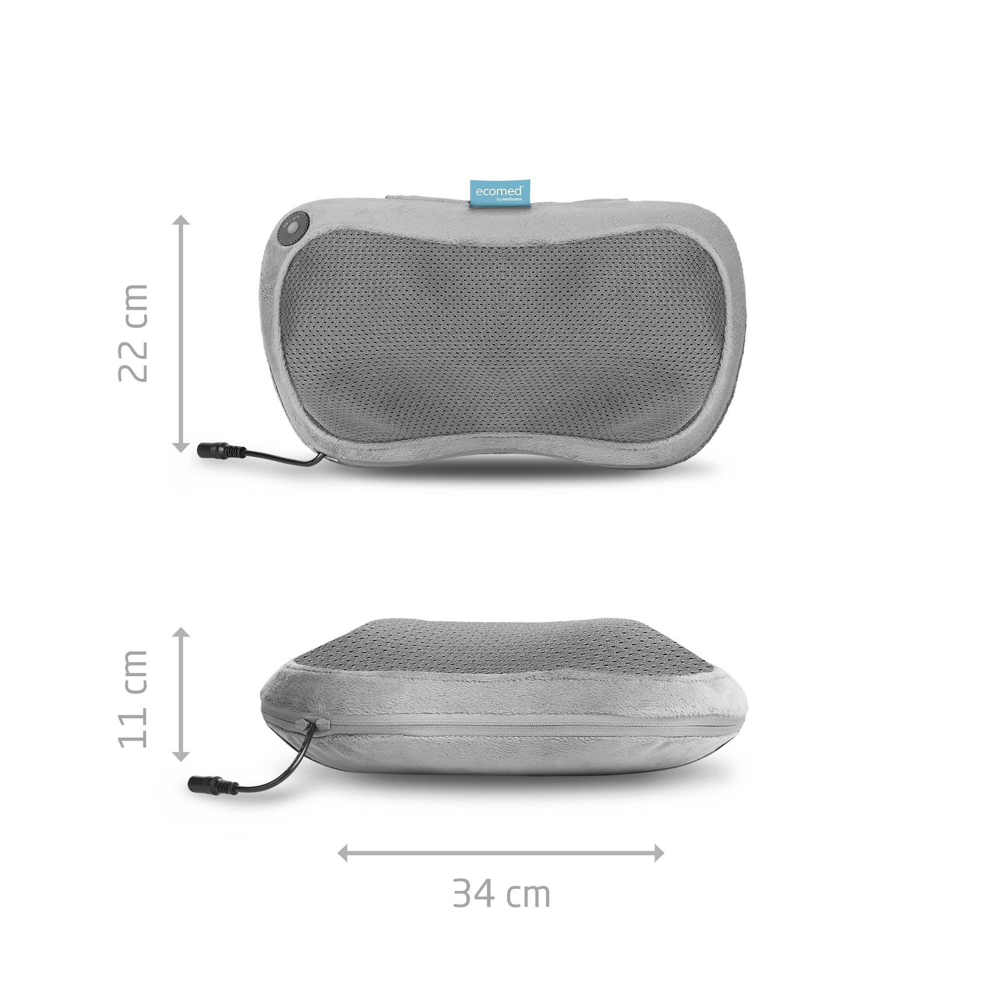 Zwei Ansichten eines Massagekissens: Oben Vorderansicht, unten Seitenansicht mit Maßen 34 cm Länge, 11 cm Höhe, 22 cm Breite.