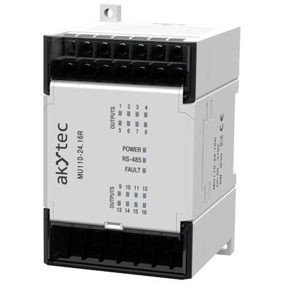 Ein kompakter Controller von akYtec, Modell MU110-24.16R, mit 16 Ausgängen. Zeigt Anschlüsse für Power, RS-485 und Fehleranzeige.