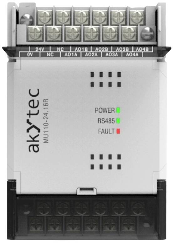 Ein Gerät mit dem Logo 'akytec', Modell MU110-24.16R. Zwei Reihen von Klemmen oben und unten. Leuchtanzeigen für Power, RS485 und Fault.