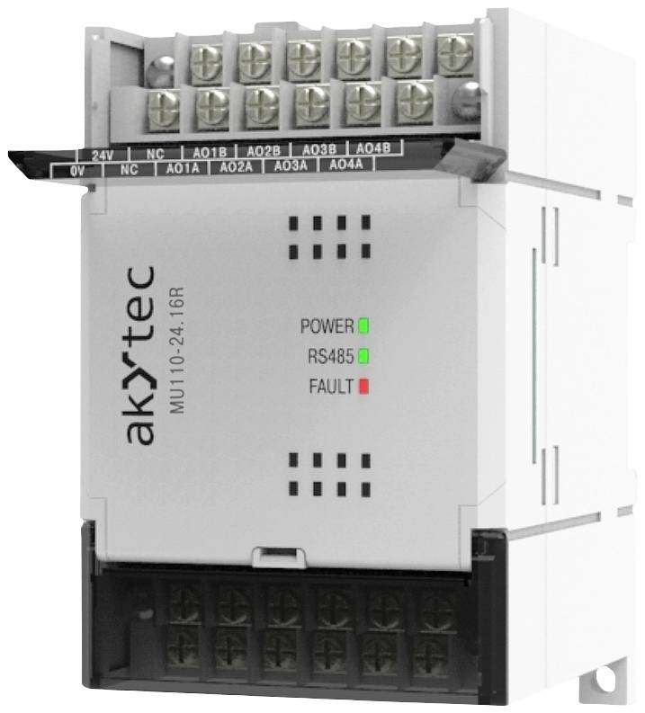 Ein weißes Industrie-Steuergerät mit mehreren Anschlüssen und grünen LEDs für 'Power' und 'RS485', rote LED für 'Fault'. Markiert mit 'akytec'.