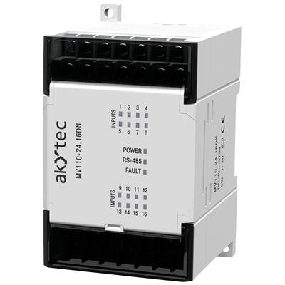 Industrie-Controller von akYtec, Modell MV110-24.16DN, zeigt Eingänge, Anzeigen für Strom, RS-485 und Fehlerstatus.