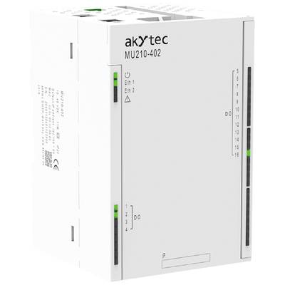 Ein weißes Gerät mit der Aufschrift 'akytec MU210-402', das zwei Ethernet-Anschlüsse und mehrere Status-LEDs zeigt.