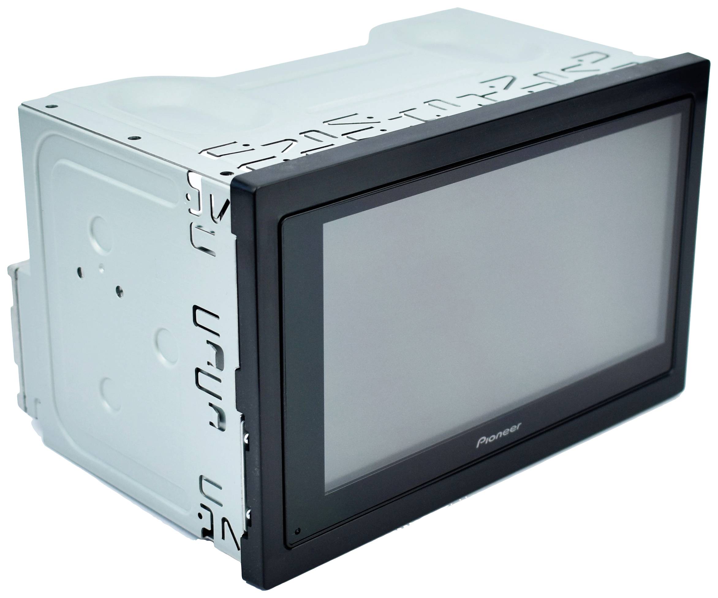 Ein Autoradio mit großem Touchscreen-Display in einem Metallgehäuse. Markierung 'Pioneer' auf der Vorderseite.