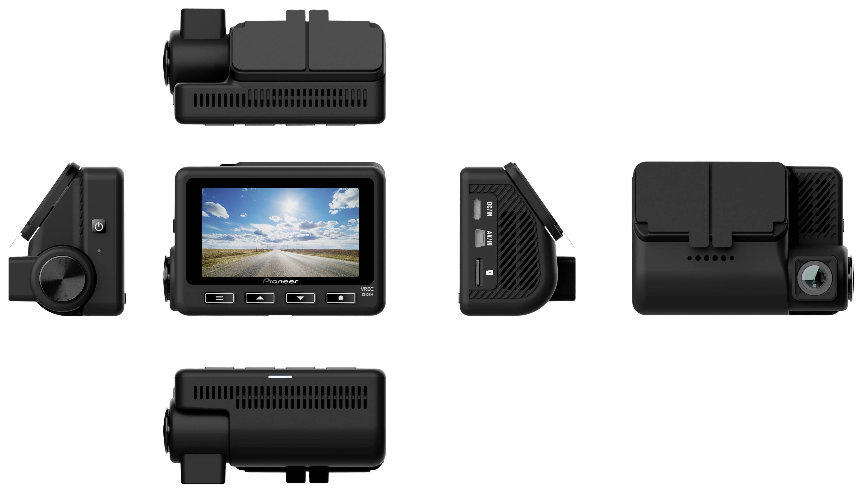 Dashcam mit verschiedenen Ansichten: Vorderansicht mit Display zeigt Landschaft, seitlich Profile und Rückseite mit Kameraobjektiv.