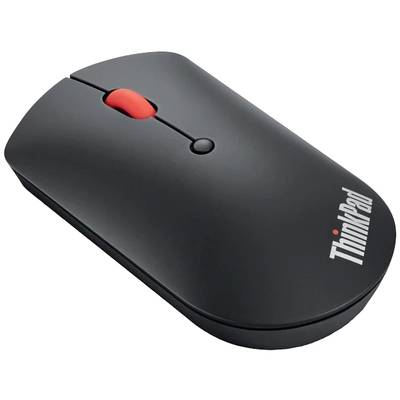 Schwarze Computermaus mit rotem Scrollrad und 'ThinkPad'-Logo an der Seite.