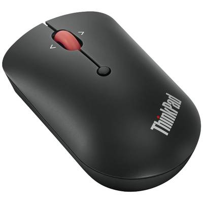 Schwarze ThinkPad-Maus mit rotem Scrollrad, bekannt für ergonomisches Design und Präzision, häufig in professionellen Umgebungen verwendet.