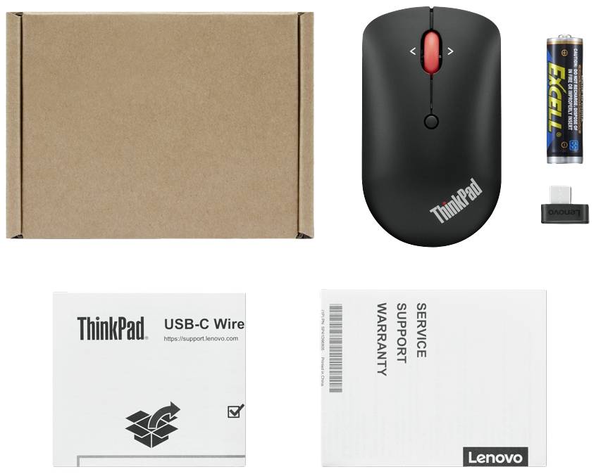 Kabellose ThinkPad-Maus mit USB-Empfänger, AA-Batterie, brauner Versandkarton und Handbuch von Lenovo angezeigt.