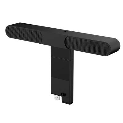 'Schwarze Soundbar in T-Form, hauptsächlich mit Metallgitter, zur Befestigung an Geräten mit 30-poligem Anschluss unten.'