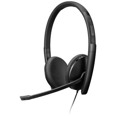 Ein schwarzes, kabelgebundenes Headset mit Mikrofonarm. Das Design ist schlicht und ergonomisch, ideal für PC-Nutzung und Telefonate.