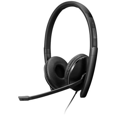 Schwarzes Headset mit Mikrofon, auf einem Ohrhörer steht 'Lenovo' geschrieben. Geeignet für Kommunikation und Audioanwendungen.
