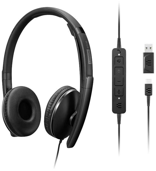 Schwarzer Over-Ear-Kopfhörer mit USB-Anschluss und integriertem Kabel-Controller mit Lautstärke- und Stummschaltknopf.