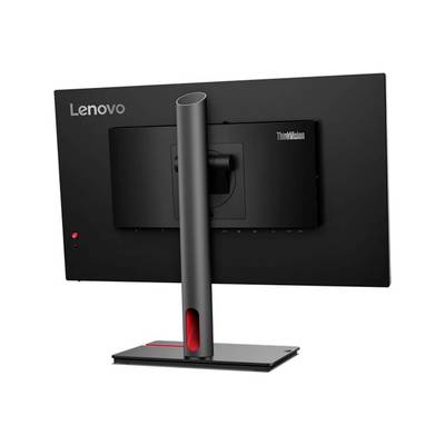 Ein Lenovo-Monitor mit schwarzem Gehäuse, Ansicht von hinten. Das ThinkVision-Logo und ein schlanker, runder Standfuß sind sichtbar.