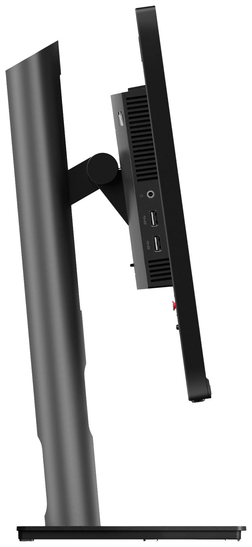 Ein Computerbildschirm von der Seite, auf einem verstellbaren Standfuß montiert, mit sichtbaren Anschlüssen auf der Rückseite.