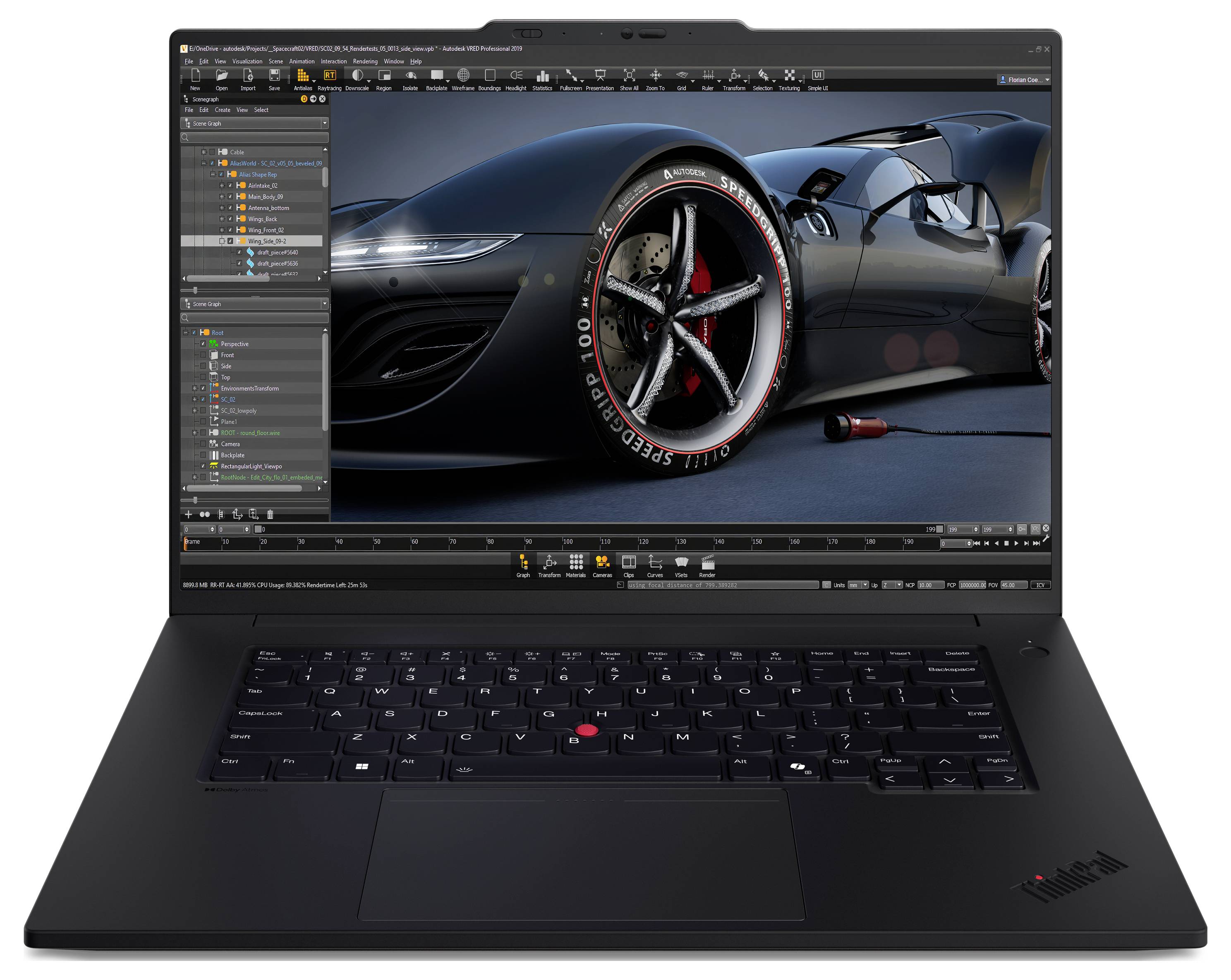 Ein schwarzer Laptop mit geöffneter 3D-Rendering-Software zeigt ein detailreiches Bild eines futuristischen Autos auf dem Bildschirm.