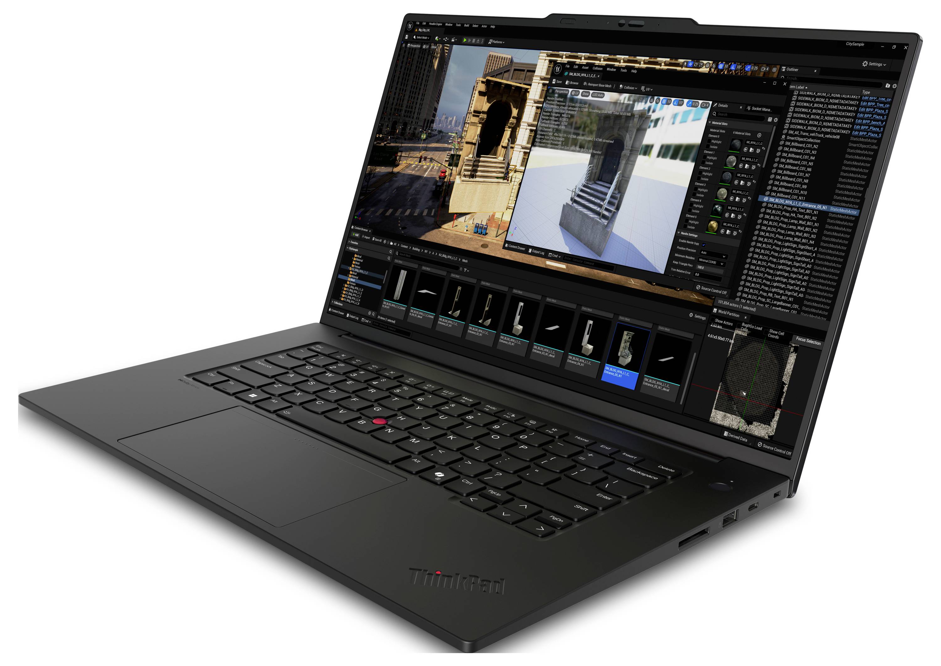 Ein schwarzer Laptop mit geöffneter Rendering-Software auf dem Bildschirm, zeigt ein 3D-Modell eines Gebäudes und Software-Tool-Bedienelemente.