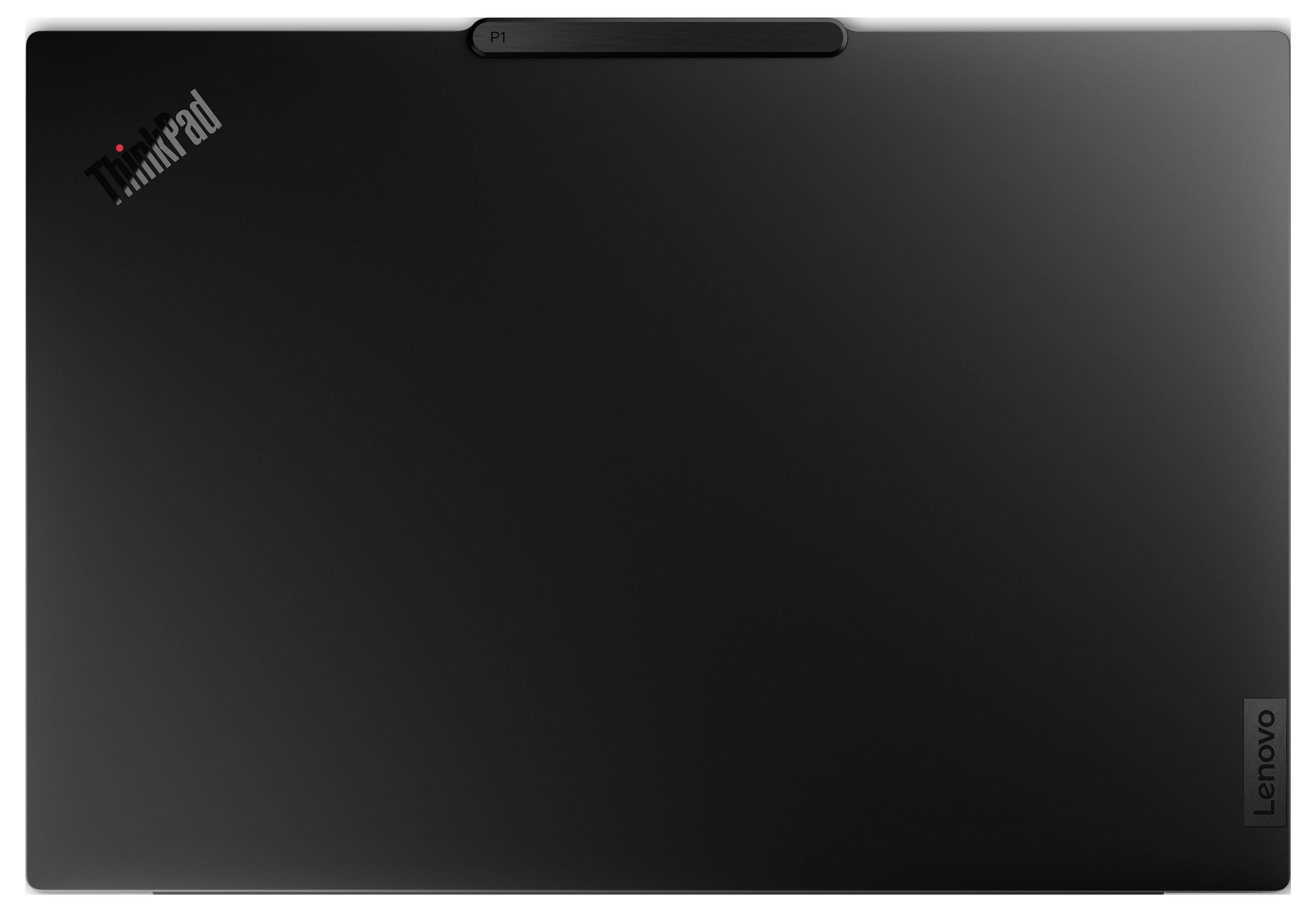 Ein geschlossenes, schwarzes Lenovo ThinkPad-Notebook mit einem schlichten Design und Logos, die auf dem Deckel sichtbar sind.