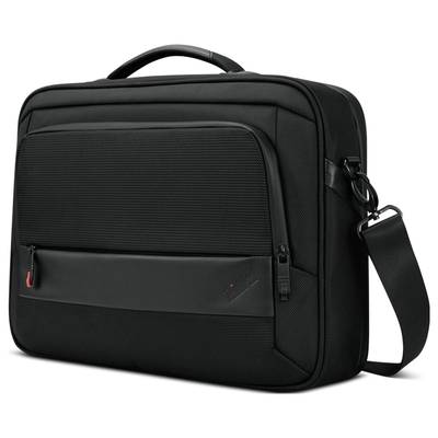 Eine schwarze Aktentasche mit Tragegriff und Schulterriemen, geeignet für Laptops. Sie hat ein vorderes Reißverschlussfach für Zubehör.