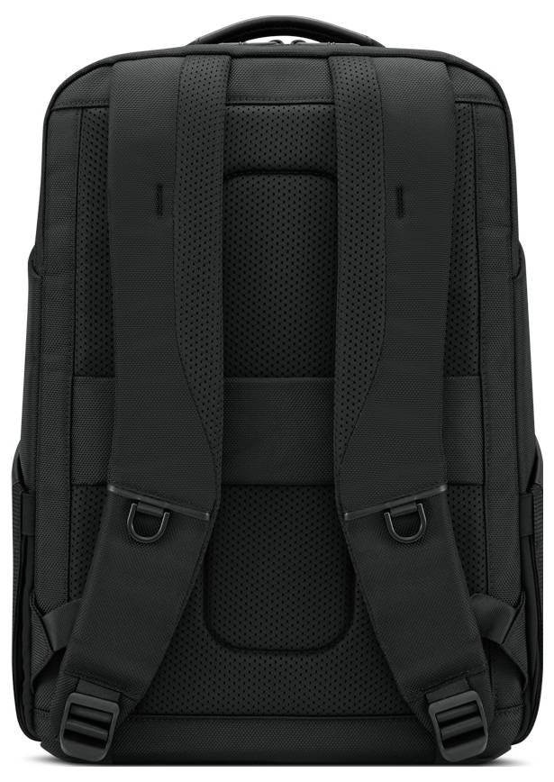 Schwarzer Rucksack, Rückansicht. Gepolsterte Schultergurte, Belüftungspolster und Griff oben sichtbar. Texturierte Oberfläche.